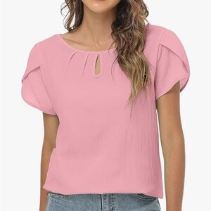 Pink Pleated Cap Sleeve / Keyhole Chiffon Blouse